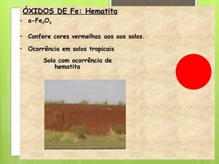 ÓXIDOS DE Fe: Hematita
• a-Fe2O3
• Confere cores vermelhas aos aos solos.
• Ocorrência em solos tropicais
Solo com ocorrência de
hematita
 