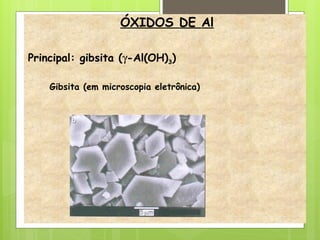 ÓXIDOS DE Al
Principal: gibsita (g-Al(OH)3)
Gibsita (em microscopia eletrônica)
 
