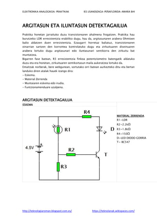 ELEKTRONIKA ANALOGIKOA: PRAKTIKAK             IES USANDIZAGA-PEÑAFLORIDA-AMARA BHI




ARGITASUN ETA ILUNTASUN DETEKTAGAILUA
Praktika honetan jarraituko duzu transistorearen ahalmena frogatzen. Praktika hau
burutzeko LDR erresistentzia erabiliko dugu, hau da, argitasunaren arabera Ohmioen
balio aldatzen duen erresistentzia. Ezaugarri horretaz baliatuz, transistorearen
oinarrian sartzen den korrontea kontrolatuko dugu eta zirkuituaren diseinuaren
arabera lortuko dugu argitasunari edo iluntasunari sentikorra den zirkuitu bat
muntatzea.
Bigarren fase batean, R3 erresistentzia finkoa potentziometro batengatik aldatuko
duzu eta era honetan, zirkuituaren sentikortasun maila aukeratzea lortuko da.
Emaitzak norberak, bere webgunean, sortutako orri batean aurkezteko ditu eta bertan
landuko diren atalak hauek izango dira:
- Eskema.
- Material Zerrenda
- Muntaiaren eskema edo irudia.
- Funtzionamenduare azalpena.



ARGITASUN DETEKTAGAILUA
ESKEMA



                                                                        MATERIAL ZERRENDA
                                                                        R1=LDR
                                                                        R2=2.2kΩ
                                                                        R3=1.8kΩ
                                                                        R4=150Ω
                                                                        D=LED DIODO GORRIA
                                                                        T= BC547




http://teknologiaroman.blogspot.com.es/              https://teknolanak.wikispaces.com/
 