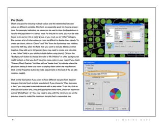 31
Pie Charts
Charts are good for showing multiple values and the relationship between
values on different variables. Pie charts are especially good for showing propor-
tions. For example, individual pie pieces can be used to show the breakdown in
race for the population in a census tract. For the pies to work, you must be able
to put every person into a racial group, or you must use an “other” category.
Pies contain a lot of information, so it can be difficult to display them clearly. To
create pie charts, click on “Charts” and “Pie” from the Symbology tab. Holding
down the shift key, select the fields that you want to include. Make sure that
together, they add up to 100 percent (you may need to create and calculate
a new “other” field in your attribute table before using charts). Click on the
“Background” button to change the color or fill (“Hollow” or white backgrounds
might be best, so that you don’t have too many colors in your map). If you check
“Prevent Chart Overlap,” ArcView will use “leader lines” to indicate where the
pie charts belong if there is no room to display them within the map feature.
Click on the Properties button to make adjustments to the look of the pie (3D,
rotation, height).
Click on the Size button if you want to have different size pie charts depend-
ing upon the total (such as total population). If you choose to “Vary size using
a field,” you may need to exclude records with a zero value. To do this, click on
the Exclusion button and, using the appropriate field name, create an expression
such as “[TotalPop] = 0.” You may need to play with the minimum size on the
previous screen to make the maximum size pie chart a reasonable size.
3 | M aki n g maps
 