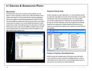49
5 | Creating & Aggregating Points
Geocoding
Geocoding refers to the process of transforming street addresses into map
features. In order to geocode, you need to have a table with addresses and an
address locator based on a street centerline file that matches the geographic
extent of your addresses. Through the geocoding process, ArcGIS will create a
new point shapefile by matching each street name and number in your table to
a place along a line segment in your streets shapefile that represents a certain
range of house numbers. The image here shows how each section of a street cen-
terline file has a known street name (ST_NAME) and address range (L_F_ADD
and R_F_ADD). ArcView uses this information to locate the addresses in your
table (called Foodsite_addresses here).
Finding or Creating a Geocoding Service
ArcGIS 10 comes with an address locator for the entire country. With earlier
versions of ArcGIS, you had to purchase Esri’s StreetMap extension in order to
match addresses for the whole country or create individual address locators for
one county at a time using your own street centerline file.
Preparing Tabular Data
In order to geocode, you need a table (.dbf, .xls, or comma-delimited .txt) that
has a field with street addresses. If the parts of the street address—house number,
street direction, street name, and designation/ type—are in separate fields,
you will need to collapse these into a single field. You need separate fields for
zip code, city, and state. Intersections can be used (Lehigh Avenue & N Broad
Street) but house ranges (123-127 N Broad Street) and PO boxes will not, so
make sure you change these to addresses with a single house number before you
try to geocode.
5 | C r e at i n g & a g g r e g at i n g p o i n t l ay e r s
 