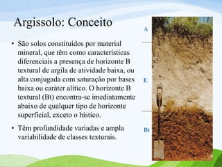 Argissolo: Conceito
• São solos constituídos por material
mineral, que têm como características
diferenciais a presença de horizonte B
textural de argila de atividade baixa, ou
alta conjugada com saturação por bases
baixa ou caráter alítico. O horizonte B
textural (Bt) encontra-se imediatamente
abaixo de qualquer tipo de horizonte
superficial, exceto o hístico.
• Têm profundidade variadas e ampla
variabilidade de classes texturais.
A
E
Bt
 