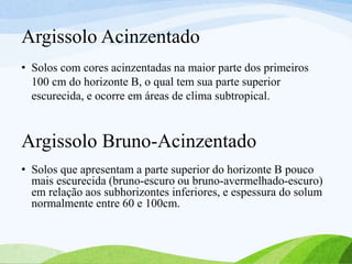 Argissolo Acinzentado
• Solos que apresentam a parte superior do horizonte B pouco
mais escurecida (bruno-escuro ou bruno-avermelhado-escuro)
em relação aos subhorizontes inferiores, e espessura do solum
normalmente entre 60 e 100cm.
Argissolo Bruno-Acinzentado
• Solos com cores acinzentadas na maior parte dos primeiros
100 cm do horizonte B, o qual tem sua parte superior
escurecida, e ocorre em áreas de clima subtropical.
 