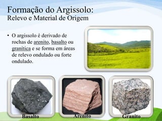 Formação do Argissolo:
Relevo e Material de Origem
• O argissolo é derivado de
rochas de arenito, basalto ou
granítica e se forma em áreas
de relevo ondulado ou forte
ondulado.
Basalto Arenito Granito
 