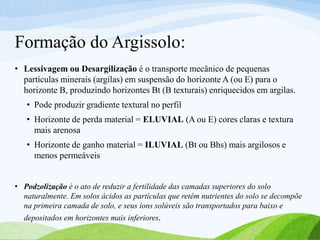 Formação do Argissolo:
• Lessivagem ou Desargilização é o transporte mecânico de pequenas
partículas minerais (argilas) em suspensão do horizonte A (ou E) para o
horizonte B, produzindo horizontes Bt (B texturais) enriquecidos em argilas.
• Pode produzir gradiente textural no perfil
• Horizonte de perda material = ELUVIAL (A ou E) cores claras e textura
mais arenosa
• Horizonte de ganho material = ILUVIAL (Bt ou Bhs) mais argilosos e
menos permeáveis
• Podzolização é o ato de reduzir a fertilidade das camadas superiores do solo
naturalmente. Em solos ácidos as partículas que retêm nutrientes do solo se decompõe
na primeira camada de solo, e seus íons solúveis são transportados para baixo e
depositados em horizontes mais inferiores.
 