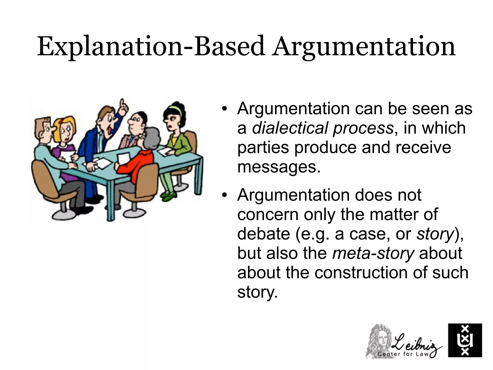 Explanation-Based Argumentation
● Argumentation can be seen as
a dialectical process, in which
parties produce and receive
messages.
● Argumentation does not
concern only the matter of
debate (e.g. a case, or story),
but also the meta-story about
about the construction of such
story.
 
