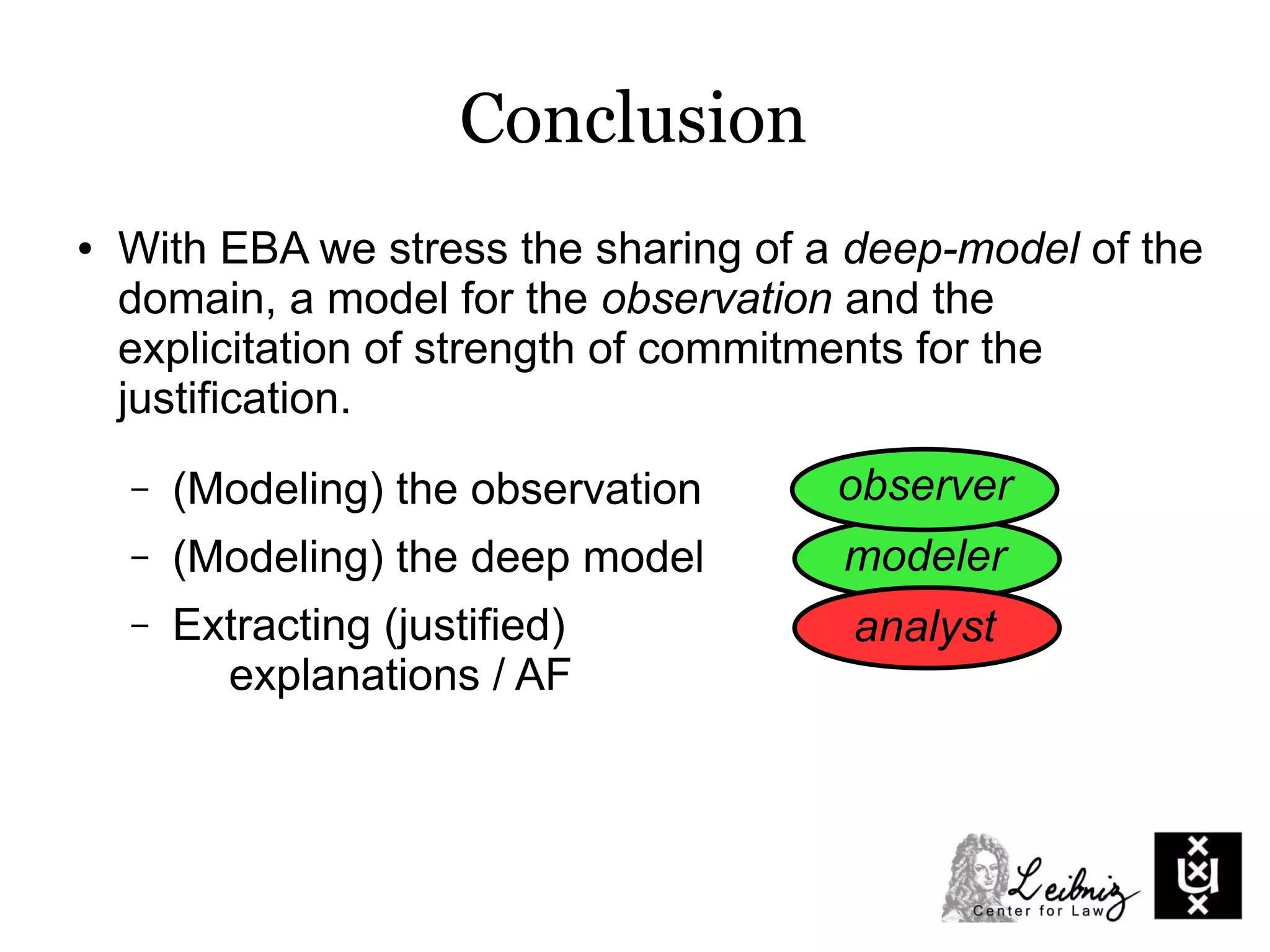 Conclusion
● With EBA we stress the sharing of a deep-model of the
domain, a model for the observation and the
explicitation of strength of commitments for the
justification.
– (Modeling) the observation
– (Modeling) the deep model
– Extracting (justified)
explanations / AF
observer
modeler
analyst
 