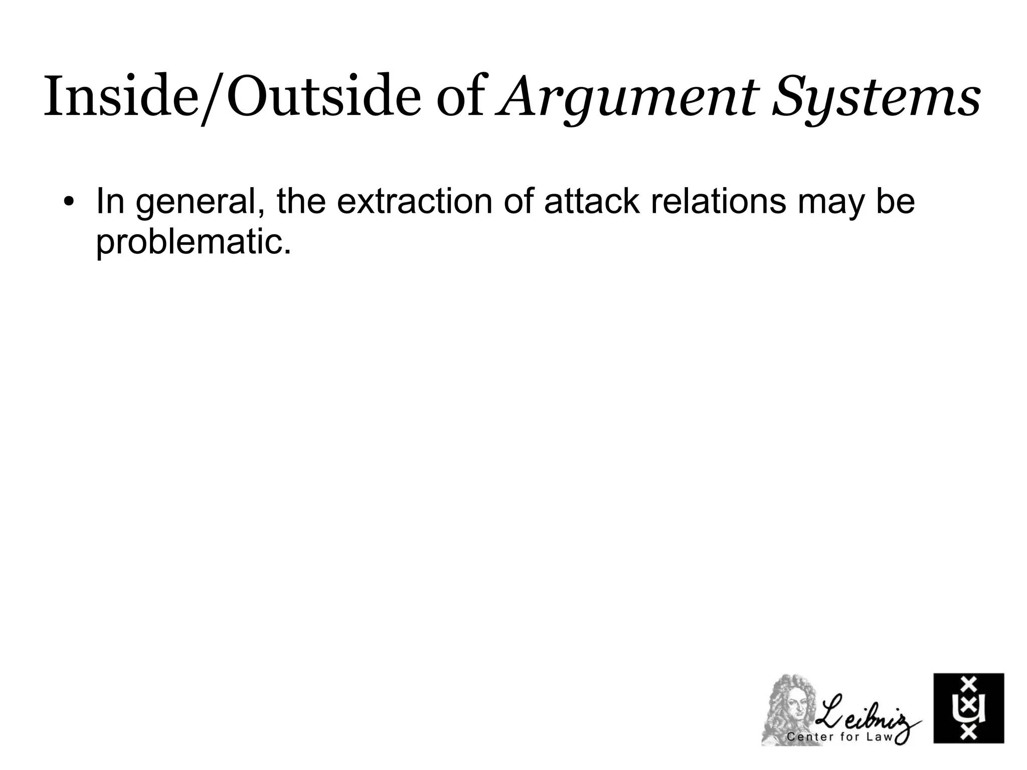 Inside/Outside of Argument Systems
● In general, the extraction of attack relations may be
problematic.
 