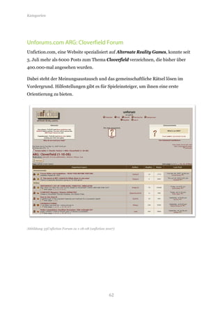 Kategorien




Unforums.com ARG: Cloverfield Forum
Unfiction.com, eine Website spezialisiert auf Alternate Reality Games, konnte seit
3. Juli mehr als 6000 Posts zum Thema Cloverfield verzeichnen, die bisher über
400.000-mal angesehen wurden.

Dabei steht der Meinungsaustausch und das gemeinschaftliche Rätsel lösen im
Vordergrund. Hilfestellungen gibt es für Spieleinsteiger, um ihnen eine erste
Orientierung zu bieten.




Abbildung 33Unfiction Forum zu 1-18-08 (unfiction 2007)




                                                   62
 