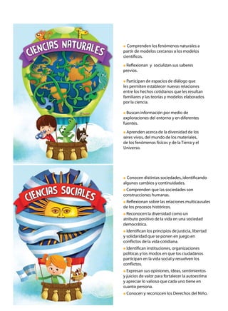 ● Comprenden los fenómenos naturales a
partir de modelos cercanos a los modelos
científicos.
● Reflexionan y socializan sus saberes
previos.
● Participan de espacios de diálogo que
les permiten establecer nuevas relaciones
entre los hechos cotidianos que les resultan
familiares y las teorías y modelos elaborados
por la ciencia.
● Buscan información por medio de
exploraciones del entorno y en diferentes
fuentes.
● Aprenden acerca de la diversidad de los
seres vivos, del mundo de los materiales,
de los fenómenos físicos y de la Tierra y el
Universo.
● Conocen distintas sociedades, identificando
algunos cambios y continuidades.
● Comprenden que las sociedades son
construcciones humanas.
● Reflexionan sobre las relaciones multicausales
de los procesos históricos.
● Reconocen la diversidad como un
atributo positivo de la vida en una sociedad
democrática.
● Identifican los principios de justicia, libertad
y solidaridad que se ponen en juego en
conflictos de la vida cotidiana.
● Identifican instituciones, organizaciones
políticas y los modos en que los ciudadanos
participan en la vida social y resuelven los
conflictos.
● Expresan sus opiniones, ideas, sentimientos
y juicios de valor para fortalecer la autoestima
y apreciar lo valioso que cada uno tiene en
cuanto persona.
● Conocen y reconocen los Derechos del Niño.
 