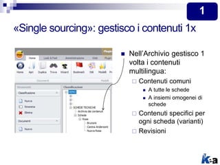 «Single sourcing»: gestisco i contenuti 1x
 Nell’Archivio gestisco 1
volta i contenuti
multilingua:
 Contenuti comuni
 ...