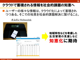16

   クラウドで蓄積される情報を社会的課題の知恵へ
    ユーザーの様々な情報は、クラウド化によって蓄積され
     つつある。そこでの知見を社会的課題解決に繋げること。
                       オムロン Wellnesslink




                                           地域特性などを考慮した
                                           生活習慣の見直しなど
                                           知恵化に期待


Copyright ©   Masaya Ando
 