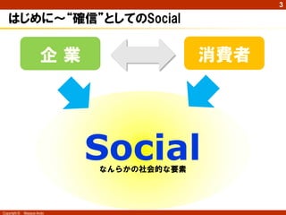 3

   はじめに～“確信”としてのSocial


                      企業                  消費者




                            Social
                            なんらかの社会的な要素




Copyright ©   Masaya Ando
 