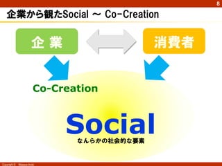 8

   企業から観たSocial ～ Co-Creation


                      企業                     消費者


                        Co-Creation



                             Social
                               なんらかの社会的な要素


Copyright ©   Masaya Ando
 