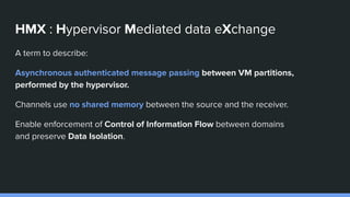 HMX : Hypervisor Mediated data eXchange
A term to describe:
Asynchronous authenticated message passing between VM partitio...