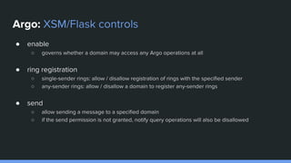 Argo: XSM/Flask controls
● enable
○ governs whether a domain may access any Argo operations at all
● ring registration
○ s...