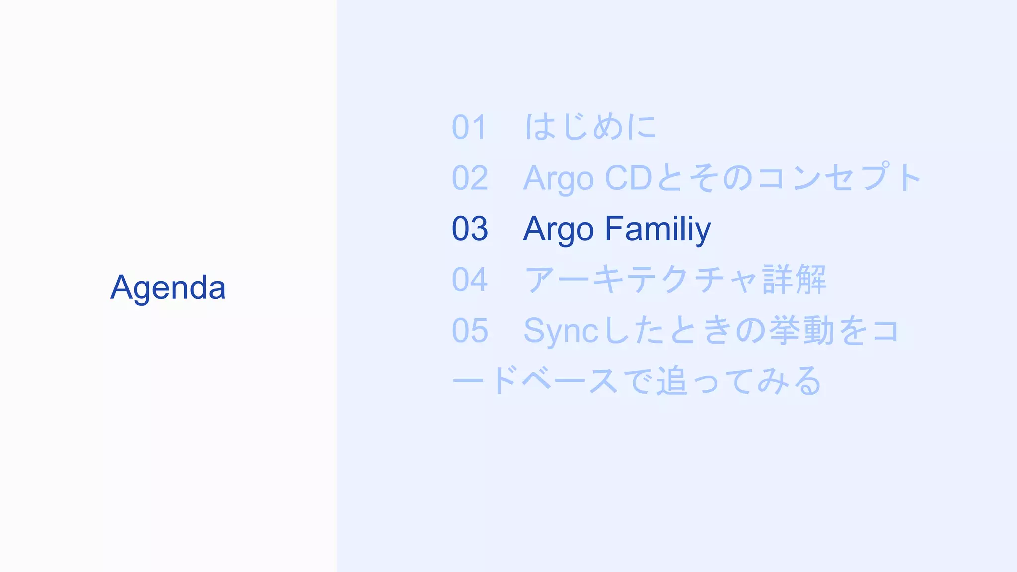 01 はじめに
02 Argo CDとそのコンセプト
03 Argo Familiy
04 アーキテクチャ詳解
05 Syncしたときの挙動をコ
ードベースで追ってみる
Agenda
 