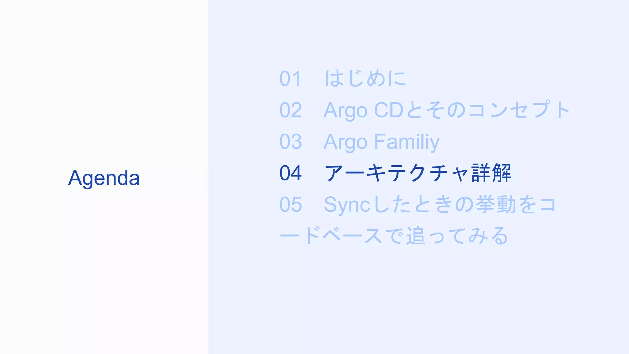 01 はじめに
02 Argo CDとそのコンセプト
03 Argo Familiy
04 アーキテクチャ詳解
05 Syncしたときの挙動をコ
ードベースで追ってみる
Agenda
 