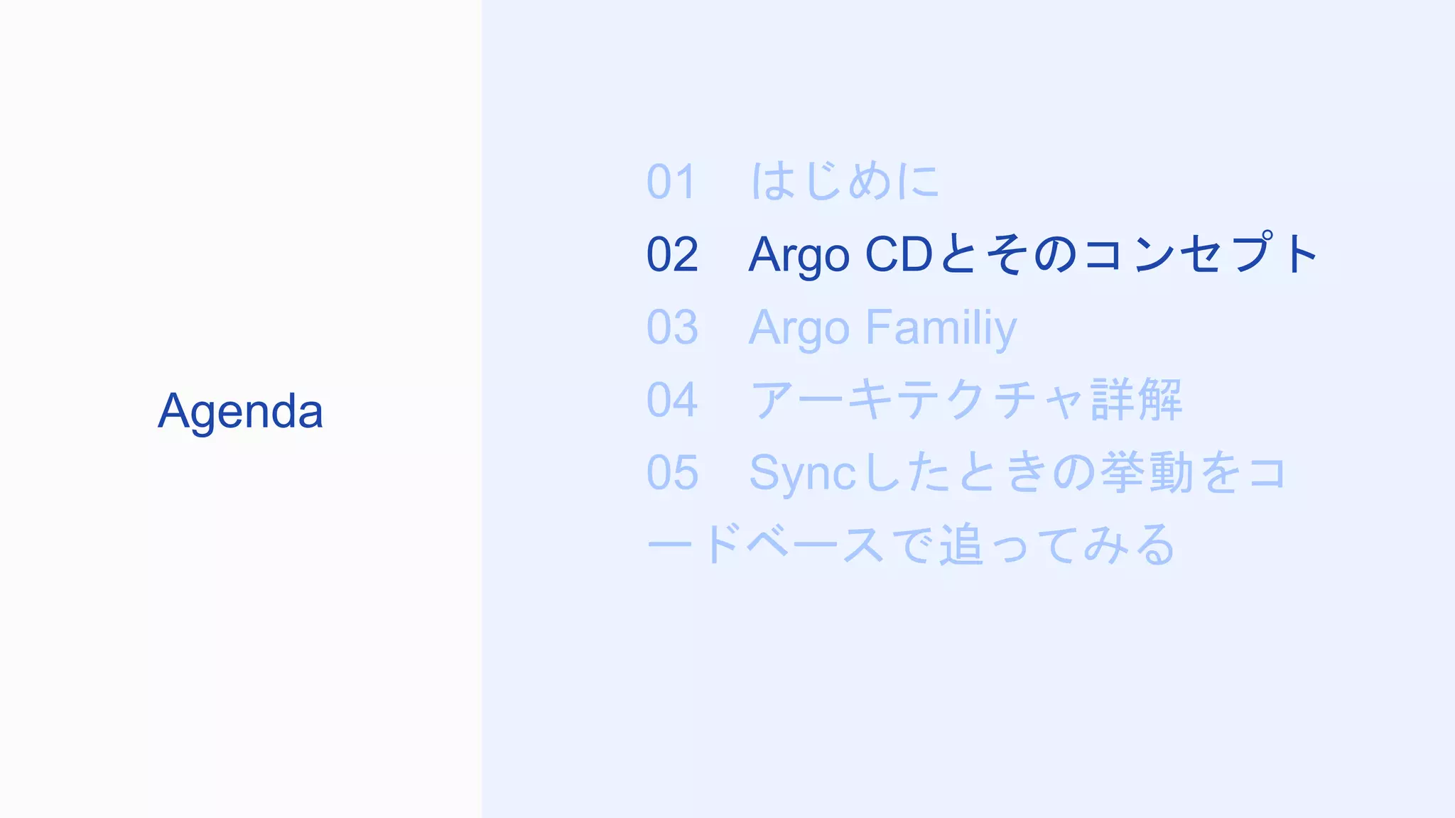 01 はじめに
02 Argo CDとそのコンセプト
03 Argo Familiy
04 アーキテクチャ詳解
05 Syncしたときの挙動をコ
ードベースで追ってみる
Agenda
 