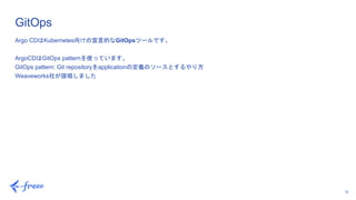 12
Argo CDはKubernetes向けの宣言的なGitOpsツールです。
ArgoCDはGitOps patternを使っています。
GitOps pattern: Git repositoryをapplicationの定義のソースとするやり方
Weaveworks社が提唱しました
GitOps
 