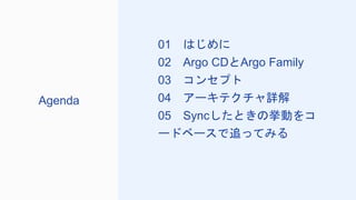 01 はじめに
02 Argo CDとArgo Family
03 コンセプト
04 アーキテクチャ詳解
05 Syncしたときの挙動をコ
ードベースで追ってみる
Agenda
 