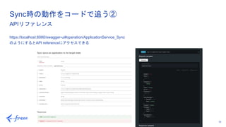 33
https://localhost:8080/swagger-ui#operation/ApplicationService_Sync
のようにするとAPI referenceにアクセスできる
Sync時の動作をコードで追う②
APIリファレンス
 