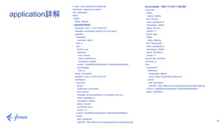 39
❯ k get -o yaml application guestbook
apiVersion: argoproj.io/v1alpha1
kind: Application
status:
health:
status: Missing
operationState:
finishedAt: "2021-11-02T18:36:14Z"
message: successfully synced (no more tasks)
operation:
initiatedBy:
username: admin
retry: {}
sync:
dryRun: true
resources:
- kind: Service
name: guestbook-ui
namespace: default
revision: 53e28ff20cc530b9ada2173fbbd64d48338583ba
syncStrategy:
hook: {}
phase: Succeeded
startedAt: "2021-11-02T18:36:14Z"
syncResult:
resources:
- group: ""
hookPhase: Succeeded
kind: Service
message: service/guestbook-ui configured (dry run)
name: guestbook-ui
namespace: default
status: Synced
syncPhase: Sync
version: v1
revision: 53e28ff20cc530b9ada2173fbbd64d48338583ba
source:
path: guestbook
repoURL: https://github.com/argoproj/argocd-example-apps.git
application詳解
reconciledAt: "2021-11-03T17:56:05Z"
resources:
- health:
status: Healthy
kind: Service
name: guestbook-ui
namespace: default
status: Synced
version: v1
- group: apps
health:
status: Missing
kind: Deployment
name: guestbook-ui
namespace: default
status: OutOfSync
version: v1
sourceType: Directory
summary: {}
sync:
comparedTo:
destination:
namespace: default
server: https://kubernetes.default.svc
source:
path: guestbook
repoURL: https://github.com/argoproj/argocd-example-apps.git
revision: 53e28ff20cc530b9ada2173fbbd64d48338583ba
status: OutOfSync
 