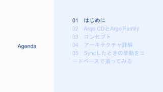 01 はじめに
02 Argo CDとArgo Family
03 コンセプト
04 アーキテクチャ詳解
05 Syncしたときの挙動をコ
ードベースで追ってみる
Agenda
 