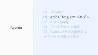 01 はじめに
02 Argo CDとそのコンセプト
03 Argo Familiy
04 アーキテクチャ詳解
05 Syncしたときの挙動をコ
ードベースで追ってみる
Agenda
 