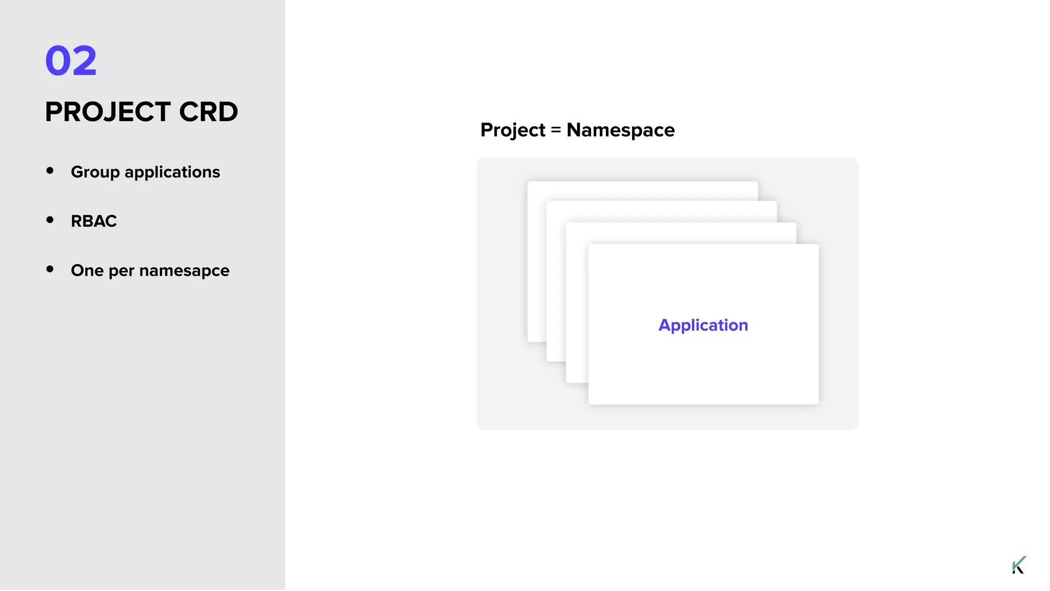 02
PROJECT CRD
• Group applications
• RBAC
• One per namesapce
Application
Project = Namespace
 