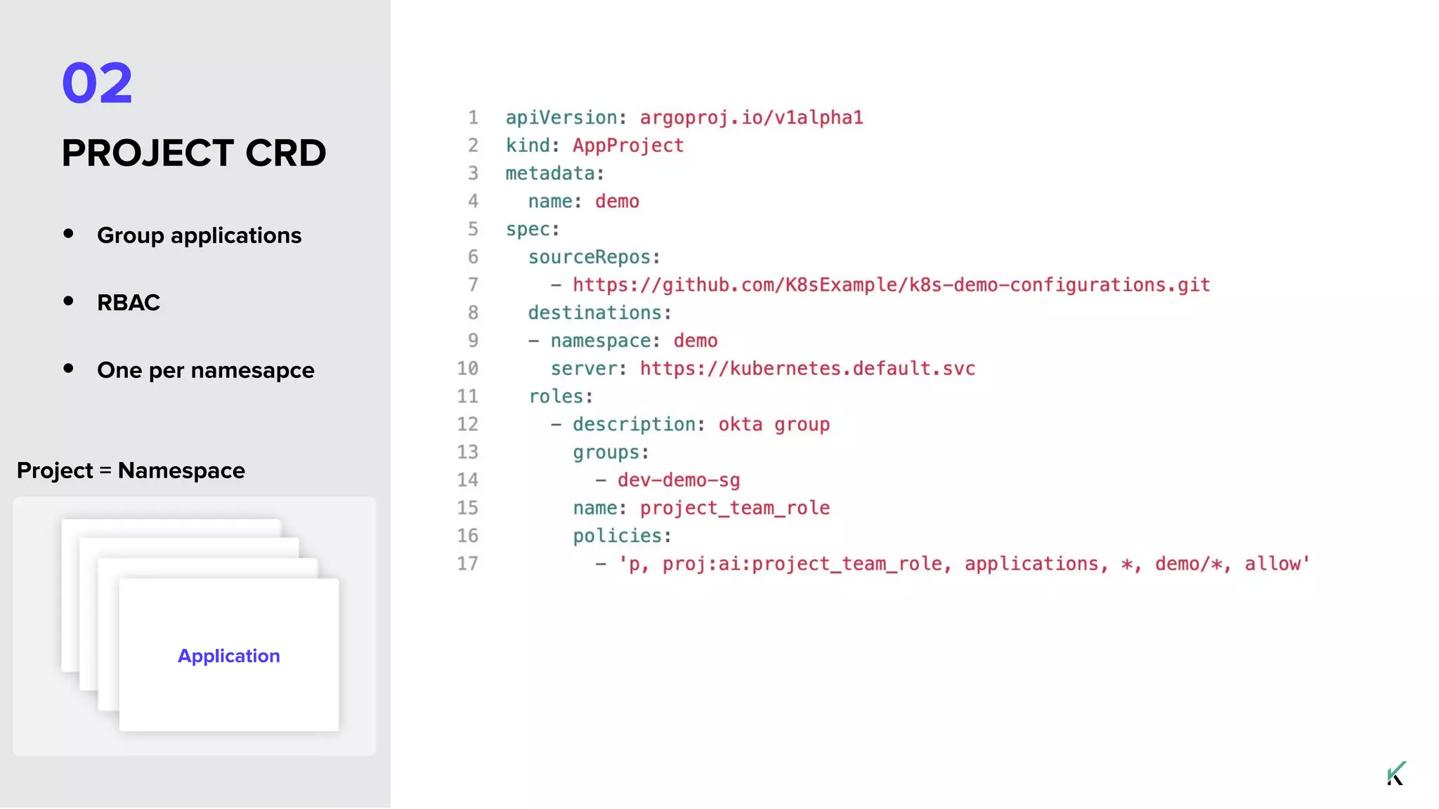 02
PROJECT CRD
• Group applications
• RBAC
• One per namesapce
Application
Project = Namespace
 