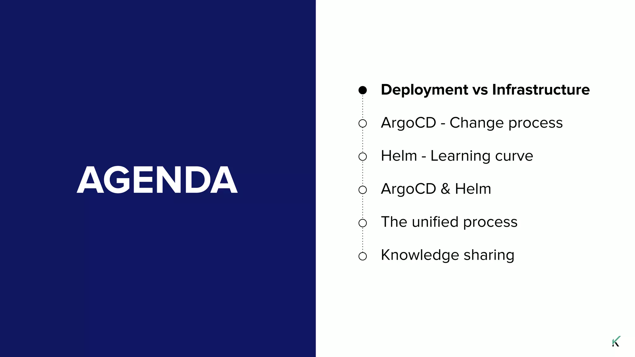 AGENDA
Deployment vs Infrastructure
ArgoCD - Change process
Helm - Learning curve
ArgoCD & Helm
The uniﬁed process
Knowledge sharing
 