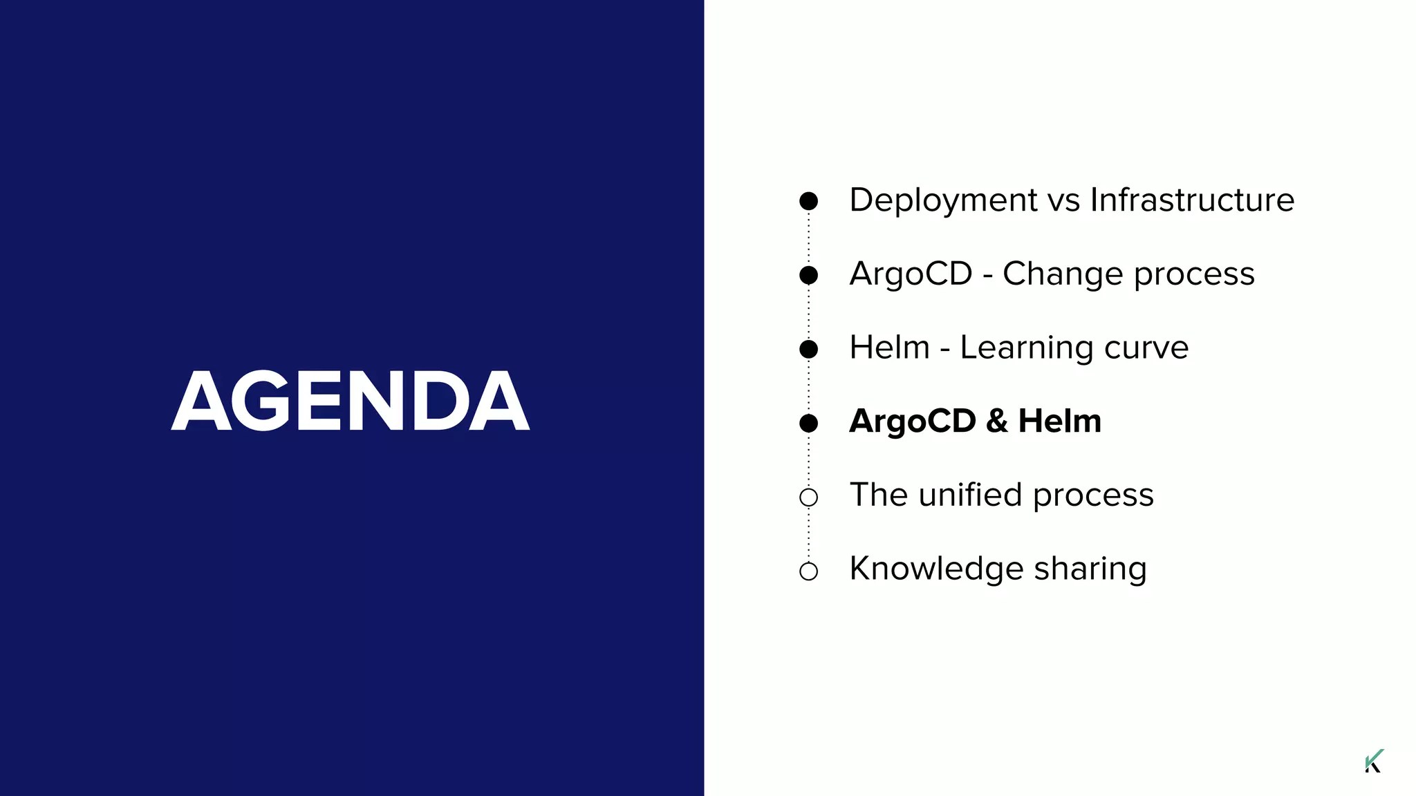 AGENDA
Deployment vs Infrastructure
ArgoCD - Change process
Helm - Learning curve
ArgoCD & Helm
The uniﬁed process
Knowledge sharing
 