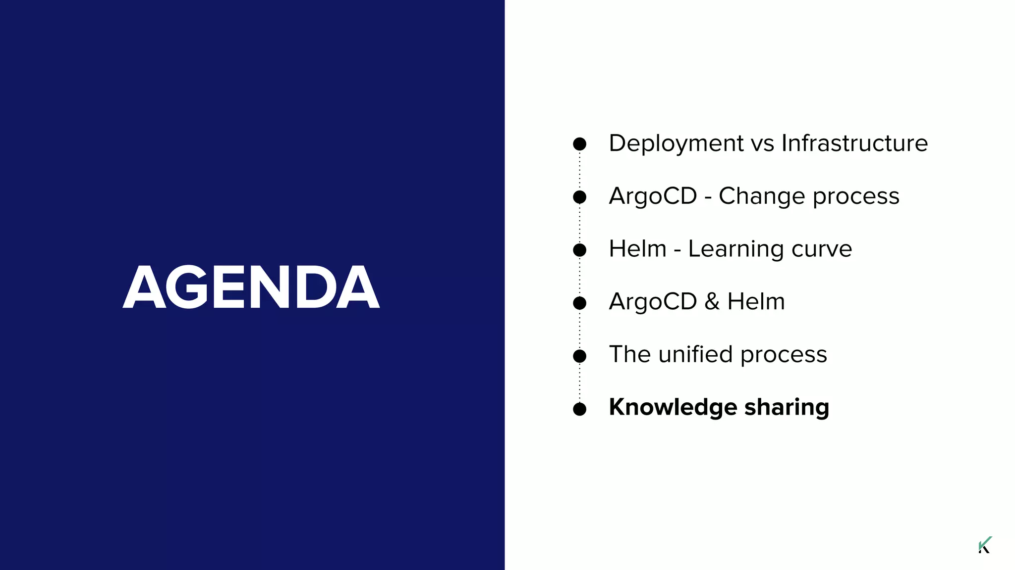 AGENDA
Deployment vs Infrastructure
ArgoCD - Change process
Helm - Learning curve
ArgoCD & Helm
The uniﬁed process
Knowledge sharing
 