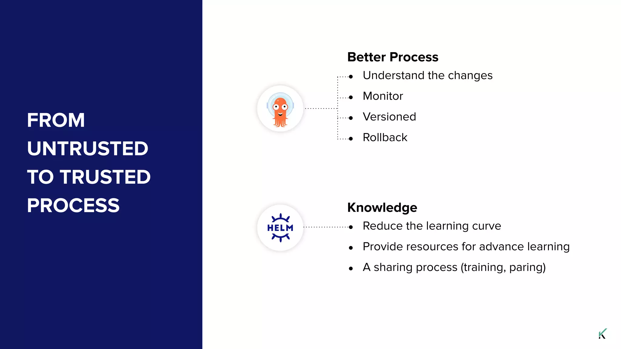 FROM
UNTRUSTED
TO TRUSTED
PROCESS
Better Process
● Understand the changes
● Monitor
● Versioned
● Rollback
Knowledge
● Reduce the learning curve
● Provide resources for advance learning
● A sharing process (training, paring)
 
