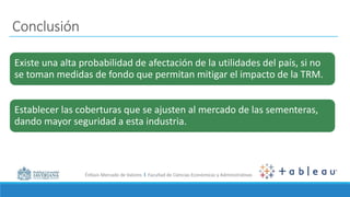 Énfasis Mercado de Valores I Facultad de Ciencias Económicas y Administrativas
Conclusión
Existe una alta probabilidad de afectación de la utilidades del país, si no
se toman medidas de fondo que permitan mitigar el impacto de la TRM.
Establecer las coberturas que se ajusten al mercado de las sementeras,
dando mayor seguridad a esta industria.
 