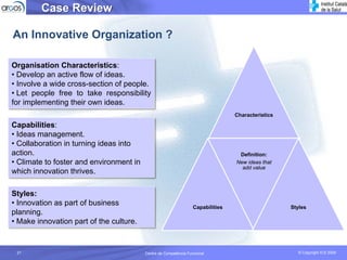 Case Review

An Innovative Organization ?

Organisation Characteristics:
• Develop an active flow of ideas.
• Involve a wide cross-section of people.
• Let people free to take responsibility
for implementing their own ideas.
                                                                                 Characteristics

Capabilities:
• Ideas management.
• Collaboration in turning ideas into
action.                                                                           Definition:
• Climate to foster and environment in                                           New ideas that
                                                                                   add value
which innovation thrives.

Styles:
• Innovation as part of business                                  Capabilities                     Styles
planning.
• Make innovation part of the culture.


 21                                      Centre de Competència Funcional
                                         Centro    Competencia                                       © Copyright ICS 2009
                                                                                                                     2010
 