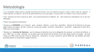 Énfasis Mercado de Valores I Facultad de Ciencias Económicas y Administrativas
Metodología
 Las compañías debe cubrirse y puede hacerlo de dos formas Con una cobertura natural es decir debe tratar de exportar o
recibir ingresos en dólares con el fin de quela diferencia en lo que paga y lo que recibe en Dólares sea la menor posible.
Una solución de forma natural es abrir una cuenta bancaria en dólares de este modo Sus indicadores no se ven tan
afectados.
Hacer una cobertura financiera:
Compra un FORWARD con el banco para comprar dólares a una Tasa especifica dentro de las fechas en las que
debe realizar los pagos de este modo así la tasa de cambio continúe subiendo el ya tendrá asegurado el valor de la
TRM para estos pagos
Realizar un Contrato de Opciones que le otorgue el derecho mas no la obligación de comprar un monto de dólares a
una TRM con un valor pactado en un plazo que este dentro de las fechas en las que debe realizar los pagos de este
modo si la TRM esta mas alta tiene la Opción de comprarla. En caso contrario que la TRM este por debajo del valor
pactado podrá no comprarlos y pagar la prima.
 