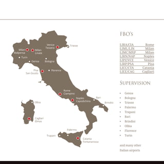 FBO’s
LIRA/CIA Rome
LIML/LIN Milan
LIMC/MXP Milan
LIRN/NAP Naples
LIPZ/VCE Venice
LIRP/PSA Pisa
LICC/CTA Catania
LIEE/CAG Cagliari
Supervision
•	 Genoa 	
•	 Bologna 	
•	 Trieste	
•	 Palermo	
•	 Trapani	
•	 Bari	
•	 Brindisi
•	 Olbia
•	 Florence
•	 Turin
and many other
Italian airports
Rome
Ciampino
Pisa
San Giusto
Catania
Fontanarossa
Venice
Tessera
Trieste
Palermo
Bari
Brindisi
Trapani
Bologna
Florence
Genoa
Turin
Milan
Linate
Cagliari
Elmas
Olbia
Milan
Malpensa
Naples
Capodichino
 