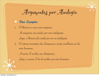 Argumentos por Analogia
                           Dois Exemplos:
                        1. O Universo é como uma máquina.
                           As máquinas são criadas por seres inteligentes.
                           Logo, o Universo foi criado por um ser inteligente.
                        2. O sistema imunitário dos chimpanzés é muito semelhante ao dos
                           seres humanos.
                           A vacina X resultou nos chimpanzés.
                           Logo, a vacina X há de resultar nos seres humanos.


Domingo, 7 de Outubro de 12
 
