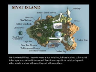 We have established that every text is not an island, it blurs out into culture and is both paratextual and intertextual. Texts have a symbiotic relationship with other media and are influenced by and influence them.