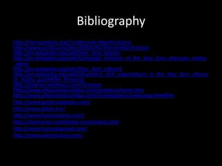 Bibliography
http://henryjenkins.org/?s=Alternate+Reality+Game
http://www.scribd.com/doc/35951341/Transmedia-Practice
http://en.wikipedia.org/wiki/Year_Zero_(game)
http://en.wikipedia.org/wiki/Campaign_timeline_of_the_Year_Zero_alternate_reality
_game
http://en.wikipedia.org/wiki/Year_Zero_(album)
http://en.wikipedia.org/wiki/Characters_and_organizations_in_the_Year_Zero_alterna
te_reality_game#The_Presence
http://batman.wikibruce.com/Timeline
http://www.whysoseriousredux.com/evidence/home.htm
http://www.whysoseriousredux.com/investigations/cakeswag.htm#film
http://www.garytroupbooks.com/
http://www.djdan.am/
http://www.hansocareers.com/
http://stophanso.rachelblake.com/index2.html
http://www.hansoexposed.com/
http://www.whereisalvar.com/
 