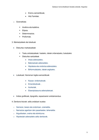 Gaitasun komunikatiboari lotutako edukiak. Argudioa
5
 Eremu semantikoak.
 Hitz Familiak.
o Gramatikala
 Anafora eta katafora.
 Elipsia.
 Determinazioa.
 Proformak.
3. Markatzaileak eta lokailuak
 Diskurtso markatzaileak
 Testu antolatzaileak: hasteko, ideiak ordenatzeko, bukatzeko
 Diskurtso sartzaileak
 Iritzia adierazteko.
 Balorazioak adierazteko.
 Hipotesia eta ondorioa adierazteko.
 Birformulatzeko, ideiak argitzeko.
 Lokailuak: Harreman logiko-semantikoak
 Kausa- ondoriozkoak.
 Emendiozkoak .
 Aurkariak.
 Etsenplutasuna adieraztekoak.
 Indize grafikoak, tipografia, espazioaren antolamendua.
4. Denbora loturak: aditz ardatzari eustea
o Sarreran, tesian eta ondorioan, orainaldia.
o Narrazioa agertzen den pasarteetan, lehenaldia.
o Argudioetan, oraina eta etorkizuna.
o Hipotesiak adierazteko aditz denborak.
 