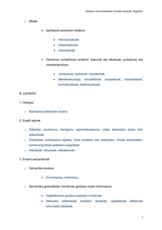 Gaitasun komunikatiboari lotutako edukiak. Argudioa
7
o Motak
 Igorlearen jarreraren arabera
 Harridurazkoak.
 Zalantzazkoak.
 Desirazkoak
 Harreman sintaktikoen arabera: bakunak eta elkartuak, juntaduraz eta
menderakuntzaz
 Juntaduraz: aurkariak, hautakariak...
 Menderakuntzaz: konpletiboak, kausazkoak, kontzesiboak,
kontsekutiboak, baldintzazkoak
B. LEXIKOA
1. Hiztegia
o Balorazioa adierazten duena.
2. Esaldi eginak
o Zalantza, ziurtasuna, derrigorra, egiantzekotasuna, ustea adierazten duten iritzi
adberbioak.
o Partaideen aurkezpena egiteko, hitza emateko edo eskatzeko, iritziak adierazteko,
kontra-argudioak azaltzeko esapideak
o Atsotitzak, lokuzioak, interjekzioak...
3. Erlazio semantikoak
o Semantiko-lexikoa
 Konnotazioa, antonimia...
o Semantiko-gramatikala: morfemek gehitzen duten informazioa
 Adjektiboaren gradua osatzeko morfemak.
 Moduzko adberbioak sortzeko atzizkiak; adjektiboak aditzondo
bihurtzeko atzizkiak.
 