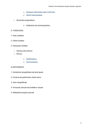 Gaitasun komunikatiboari lotutako edukiak. Argudioa
8
 Hipotesia adierazteko aditz morfemak.
 Atzizki baloratzaileak.
o Semantiko-pragmatikoa
 Inplikazioa eta Aurresuposizioa.
C. FONOLOGIA
1. Hots unitateak
2. Hitzen fonetika
3. Perpausen fonetika
o Azentua eta erritmoa
o Doinua
 Galderetakoa.
 Harriduretakoa.
D.ORTOGRAFIA
1. Konbentzio tipografikoak eta letra tipoak
2. Fonema eta grafemaren arteko lotura
3. Arau ortografikoak
4. Puntuazio zeinuak eta erabilera- arauak
5. Alfabetotik kanpoko zeinuak
 