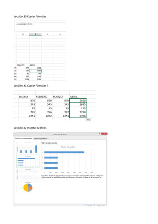 Lección 30 Copiar Fórmulas
Lección 31 Copiar Fórmulas II
Lección 32 Insertar Gráficos
 