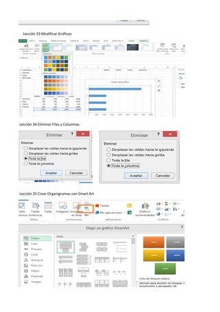 Lección 33 Modificar Gráficos
Lección 34 Eliminar Filas y Columnas
Lección 35 Crear Organigramas con Smart Art
 