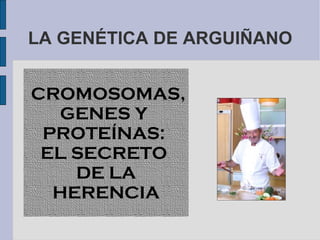 LA GENÉTICA DE ARGUIÑANO


CROMOSOMAS,
  GENES Y
 PROTEÍNAS:
 EL SECRETO
    DE LA
  HERENCIA
 