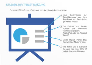STUDIEN ZUR TABLET-NUTZUNG
European-Wide-Survey: iPad most popular internet device at home
Media Impact Panel: Das
iPad wird zur Nummer eins
The mobile war is over and
the app has won: 80% of
mobile time spent in apps
Neue Erkenntnisse zur
Tablet-Nutzung aus dem
iPad-Panel von Axel Sprin-
ger Media Impact
Der Einfluss von Tablet-
Nutzern auf Webseiten
von Onlinehändlern:
Apple iPad oder ein Android
Tablet?
*
*
*
*
 