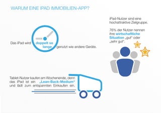 iPad-Nutzer sind eine
hochattraktive Zielgruppe.
76% der Nutzer nennen
ihre wirtschaftliche
Situation „gut“ oder
„sehr gut“.
WARUM EINE IPAD IMMOBILIEN-APP?
Das iPad wird doppelt so
				 lange genutzt wie andere Geräte.
Tablet-Nutzer kaufen am Wochenende, denn
das iPad ist ein „Lean-Back-Medium“
und lädt zum entspannten Einkaufen ein.
 